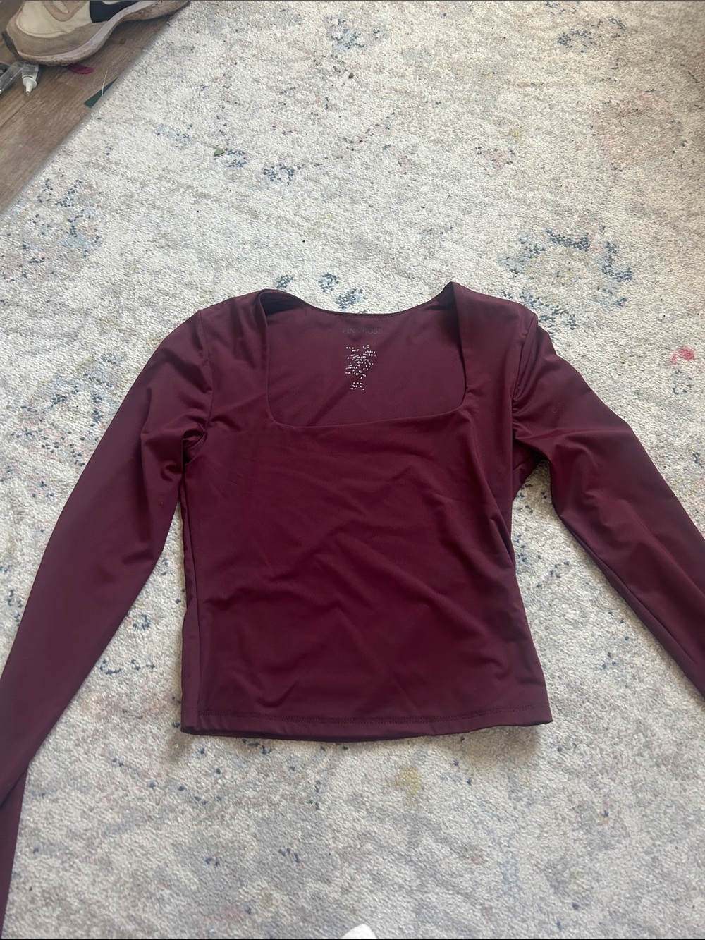 Pink Rose Square-Neck Long Sleeve Top in Burgundy